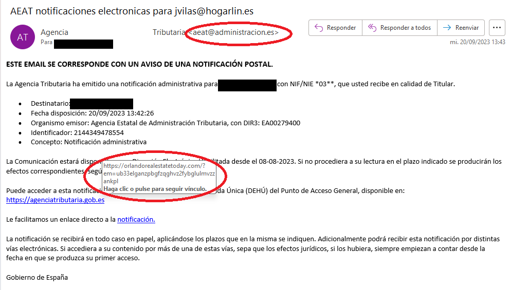 Piricoto's tweet photo. Otro ejemplo, correo recibido de la "Agencia Tributaría". Se puede ver que tanto el remitente como el destino del enlace no son de la AEAT @informaticaaeat . Ojo! Nunca pinchéis en esos enlaces, es una #estafa.  La única web de la AEAT es: https://t.co/HtfficTew7 https://t.co/g5fdMHVvve