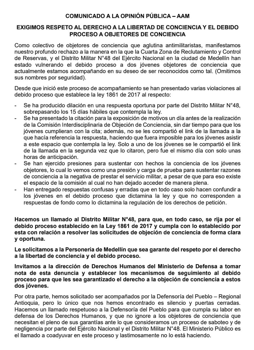 AntimilisMed's tweet photo. Comunicado respecto de lo que consideramos violación al debido proceso y al derecho a la libertad de conciencia. Instamos al Ministerio Público a tomar medidas para la protección de los DDHH de objetores de conciencia. @DefensoriaCol @personeriamed @DianaDefensora @Ejercito_Div7 https://t.co/j84SkvkbGb