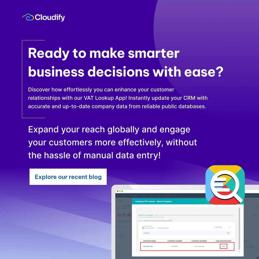 Our VAT Lookup App seamlessly integrates with Hubspot and Pipedrive CRM, offering you reliable and up-to-date data straight from official public databases. 

Read more: hubs.li/Q022QZYM0

#StreamlinedBusiness #CustomerEngagement #SmartSolutions #GlobalReach #Cloudifyaps
