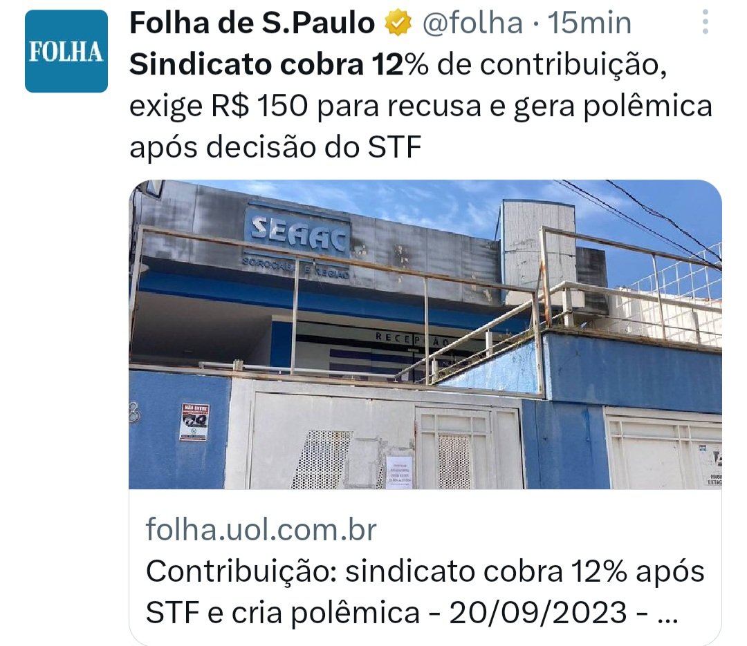 taoquei1's tweet photo. O supremo derrubou uma decisão da Câmara que impedia os sindicatos de ficarem com 1 dia do seu salário de forma obrigatória. Após decisão do STF, os caras vão te obrigar a pagarn12% e caso vc não queira doar, terá que pagar 150,00.
Isso aqui é mais q criminoso. https://t.co/3btLad9QQl