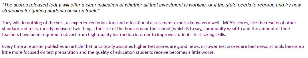 alfiekohn's tweet photo. The Boston Globe ran a breathless advance piece yesterday to drum up excitement over the imminent release of this year's scores on the state test. Here's the note I sent to the reporter, which begins with a quote from his article: https://t.co/KnUFFBpfDp