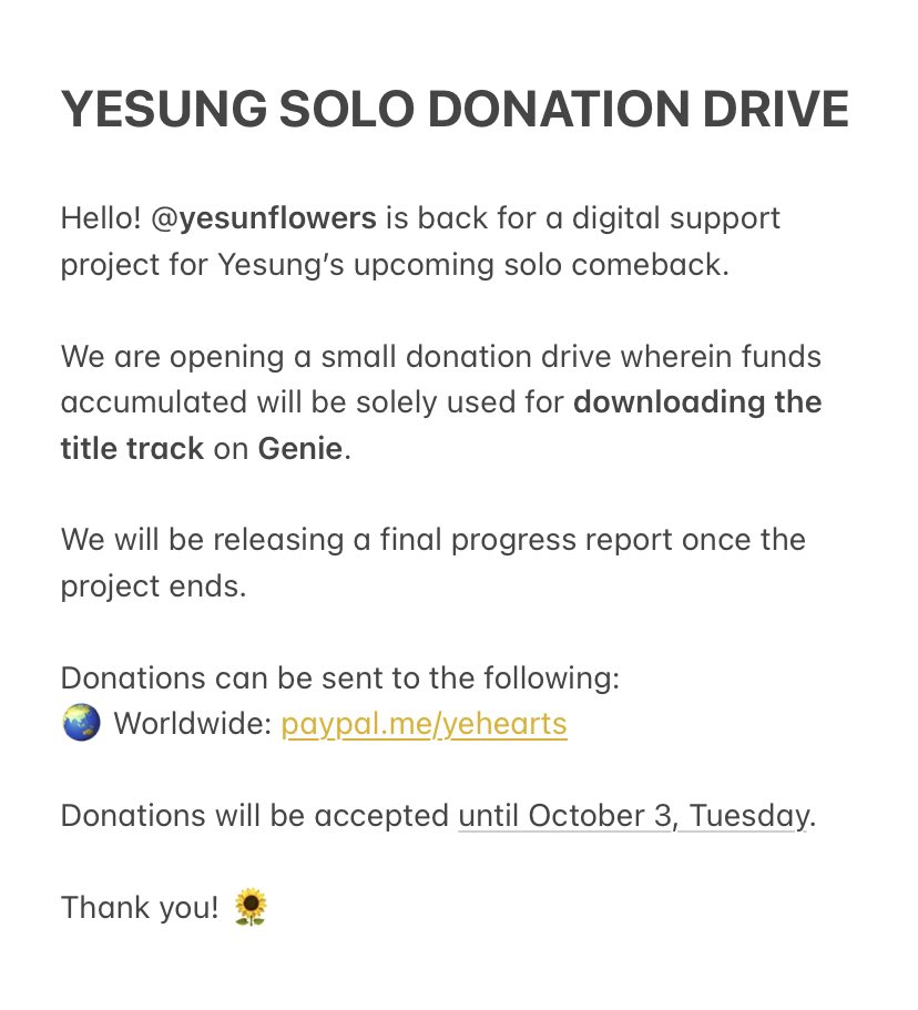 yesunflowers's tweet photo. [‼️] Yesung Solo Donation Drive 🌻

We are back for a mini-support project for Yesung’s upcoming 5th mini album, #Unfading_Sense! Funds will be used ONLY for downloading the main title track on Genie.

📌 Until October 3, Tuesday
🌍 Worldwide: https://t.co/eROKev11Pl https://t.co/Oy8G0LLE0h