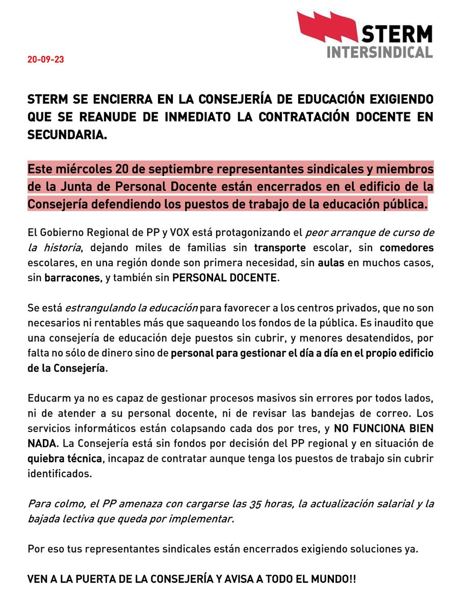 oscarburu's tweet photo. Sindicalistas encerrados en defensa de la Enseñanza Pública: la región necesita más profesorado, más comedores, más autobuses, más y mejor Enseñanza Pública. @STERM_La_Inters @MasRegion_es @MasPais_Es @sumar https://t.co/mZR2eNfVFG
