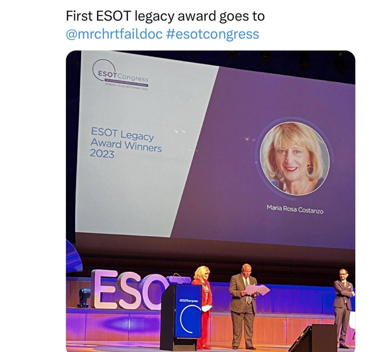 The greatest honor of my career: the Legacy Award from the European Society of Organ Transplantation #ESOTcongress ⁦@LuPoten⁩ ⁦@devisomey⁩ ⁦@MRMehraMD⁩ ⁦@JJheart_doc⁩ ⁦@MariellJessup⁩ ⁦@LindenfeldJoann⁩ ⁦@coconnormd⁩ ⁦@mfiuzat⁩ ⁦