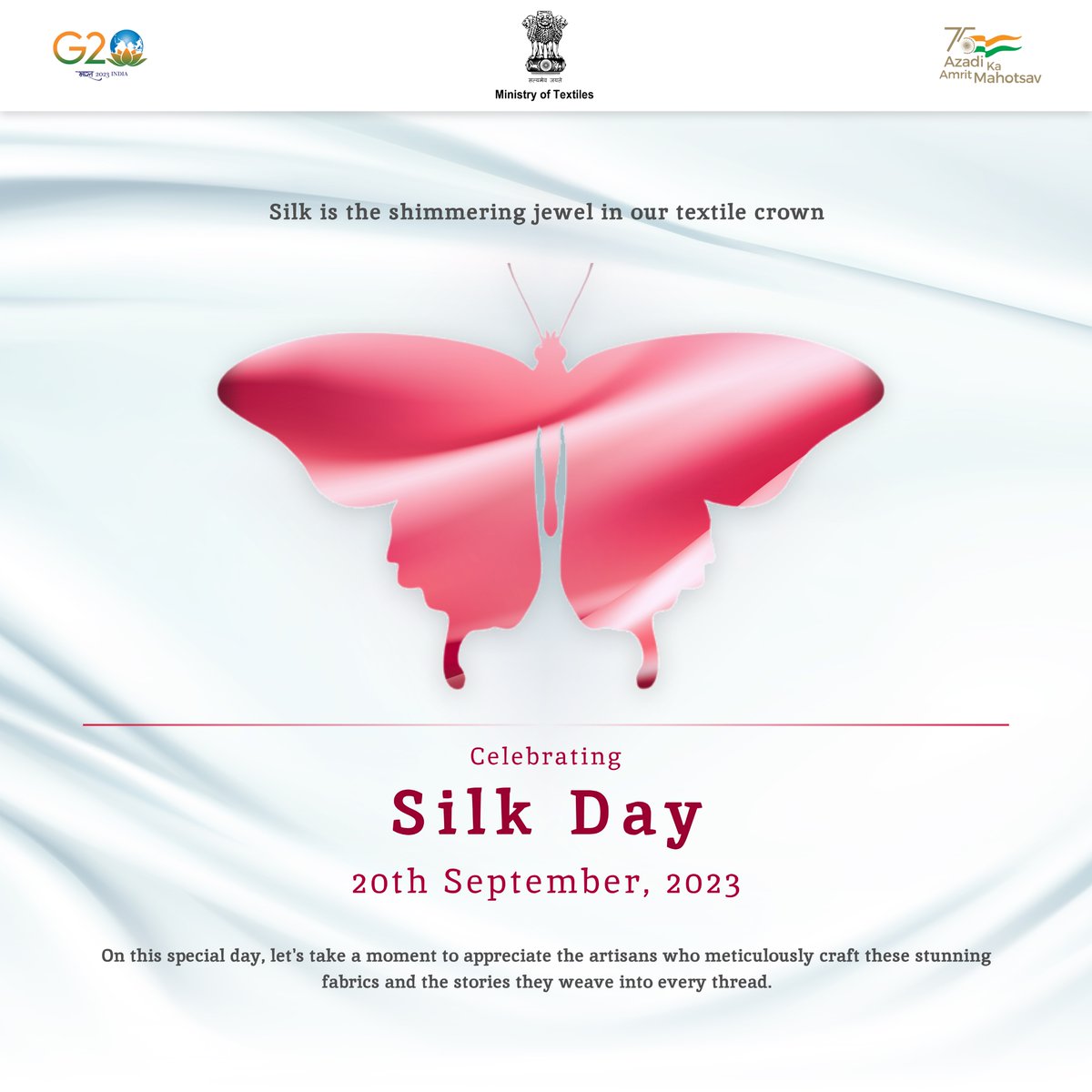 TexMinIndia's tweet photo. Ministry of Textiles is celebrating Silk Day today, i.e. on  20th September 2023.
On this special day, let's take a moment to appreciate the artisans who meticulously craft these stunning fabrics and the stories they weave into every thread.

#silkday #AmritMahotsav #AmritKaal https://t.co/Eyc5qHSX2I