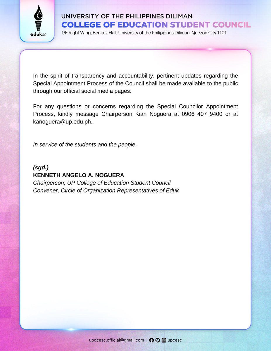 UPCESC's tweet photo. #PressRelease: Official List of Candidates for Councilor Appointment  

The following is the Official and Final List of Councilor Candidates:

[1] DECENA, Lila Yen F. (Sikhay EDUK) 
[2] ELEUTERIO, Mark Nowell L. (SIkhay EDUK) 
[3] MANUCOT, Anne Charllyne H. (Sikhay EDUK) https://t.co/dKbMwAyCBC