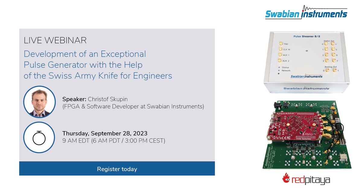 Don't miss out the upcoming webinar: "Development of an Exceptional Pulse Generator with the Help of the Swiss Army Knife for Engineers" by Christof Skupin, FPGA &amp; Software Developer at Swabian Instruments.
globalspec.com/click/go2event…