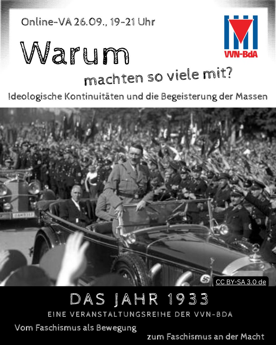 vvn_bda's tweet photo. 📣💥EINLADUNG📣💥

🔻 Kommenden Dienstag, am 26.09., von 19-21 Uhr, findet die dritte und letzte Online-Veranstaltung unserer Reihe „Das Jahr 1933. Vom Faschismus als Bewegung zum Faschismus an der Macht“ statt.🔻

Mehr Infos: https://t.co/WTamGqCkt5 https://t.co/OSCYTlbaGk