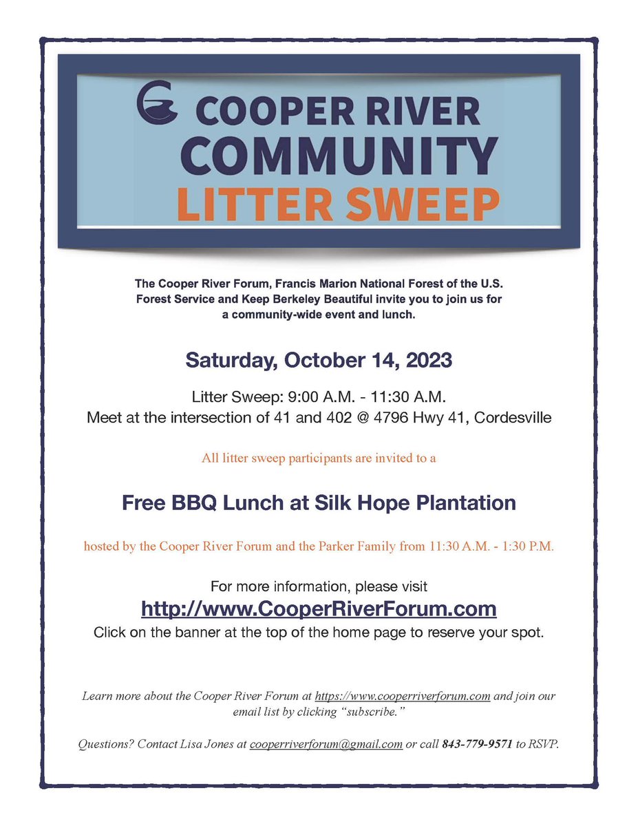 BeautifulBerk's tweet photo. The Cooper River Community is hosting a litter Sweep on Saturday, October 14!  Please sign up today! #cleanup #community #volunteer #adoptahighway #keepberkeleybeautiful https://t.co/9DQPs8utLv