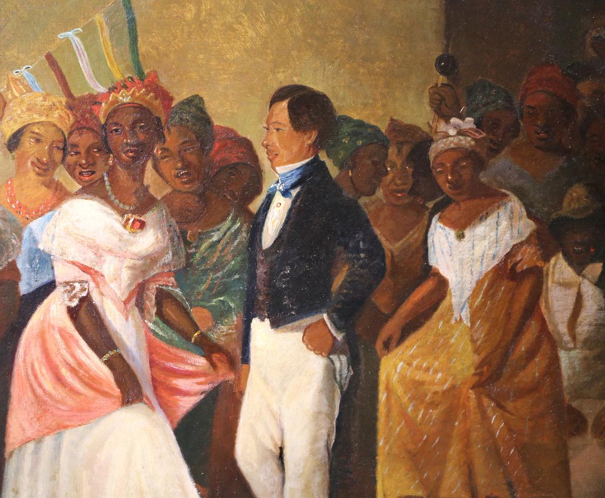 FashioningSelf's tweet photo. This painting portrays a gathering of people joyously celebrating a wedding in the Virgin Islands circa 1850. In the foreground, the groom dons European suiting, reflecting the influence of colonial encounters in the  nineteenth century. However, the women are adorned in multicolored attire more emblematic of the Caribbean, most notably head wraps. Unfortunately, the artist and the individuals depicted in the painting  are unidentified.