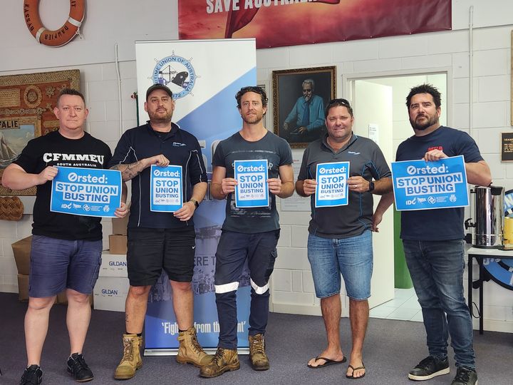 ITFglobalunion's tweet photo. ✊🪧ØRSTED DAY OF ACTION: @MaritimeUnionAU in Australia standing with dockworkers in New London to demand that @Orsted respect worker's rights #OrstedStopUnionBusting