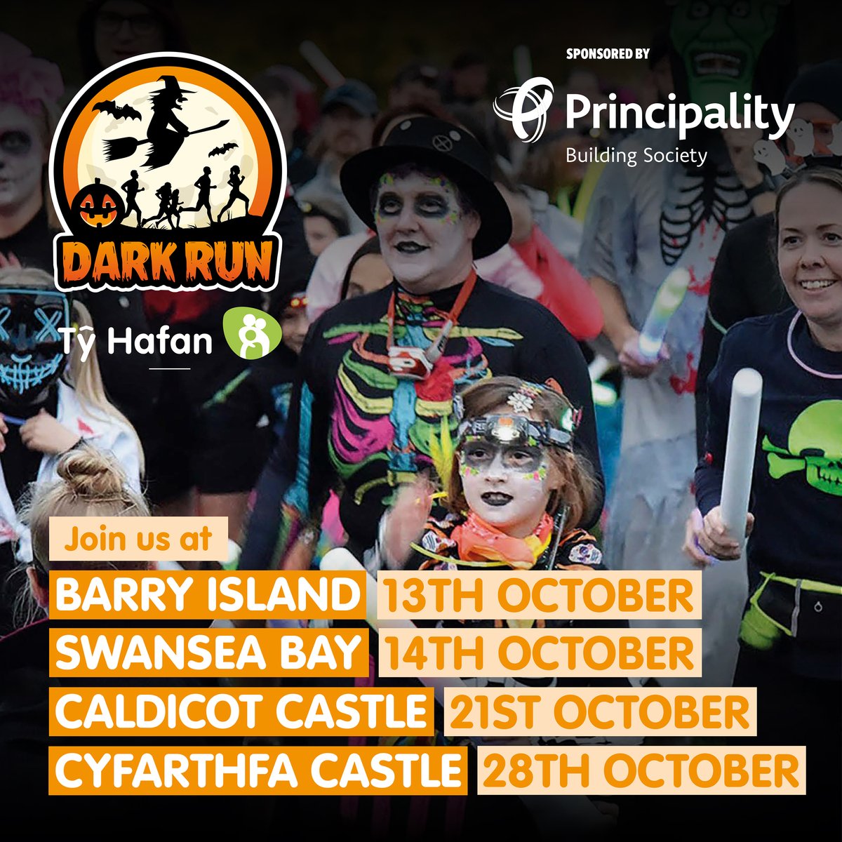 Get glowed up for your local children's hospice with Tŷ Hafan's spooktacular family fun runs 🎃 Glow in the dark medal, glow stick, prizes for best fancy dress, music and entertainment, and lots more...🪄 More > bit.ly/3YVciwE