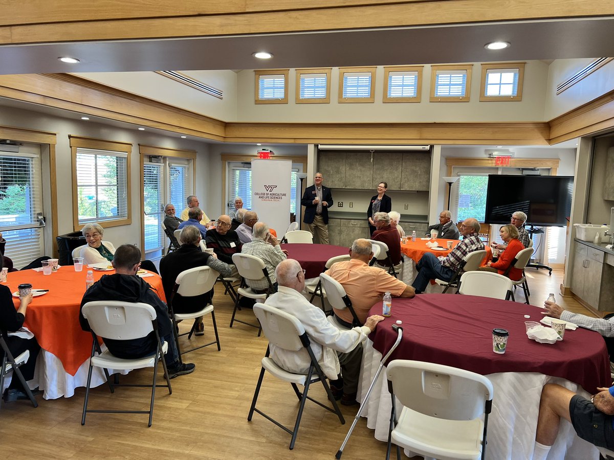 VCE_Director's tweet photo. Great morning with the folks who helped shape the future of @VTCALS during their tenure at @Virginia_Tech. Their continued support & passion for both the college and @VaCoopExt is inspiring. #iamVTCALS #EngagedExtension #LandGrantUniversities #VirginiaTech @VAESResearch https://t.co/EUJLrNeQrf