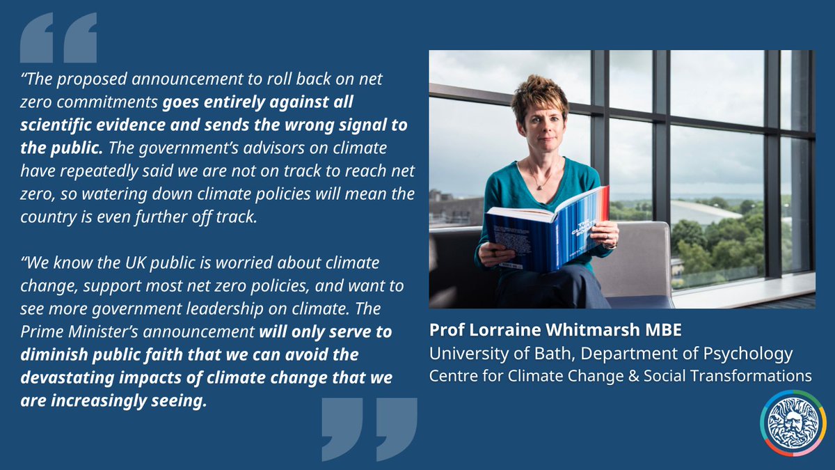 UniofBathNews's tweet photo. Reaction to the Prime Minister's expected #NetZero announcement later today, from @uniofbath environmental psychologist Prof Lorraine Whitmarsh (@CAST_Centre @BathPsychology @ClimateCrisisAG) ⤵️ (1/2) https://t.co/2ZyJykZUzp
