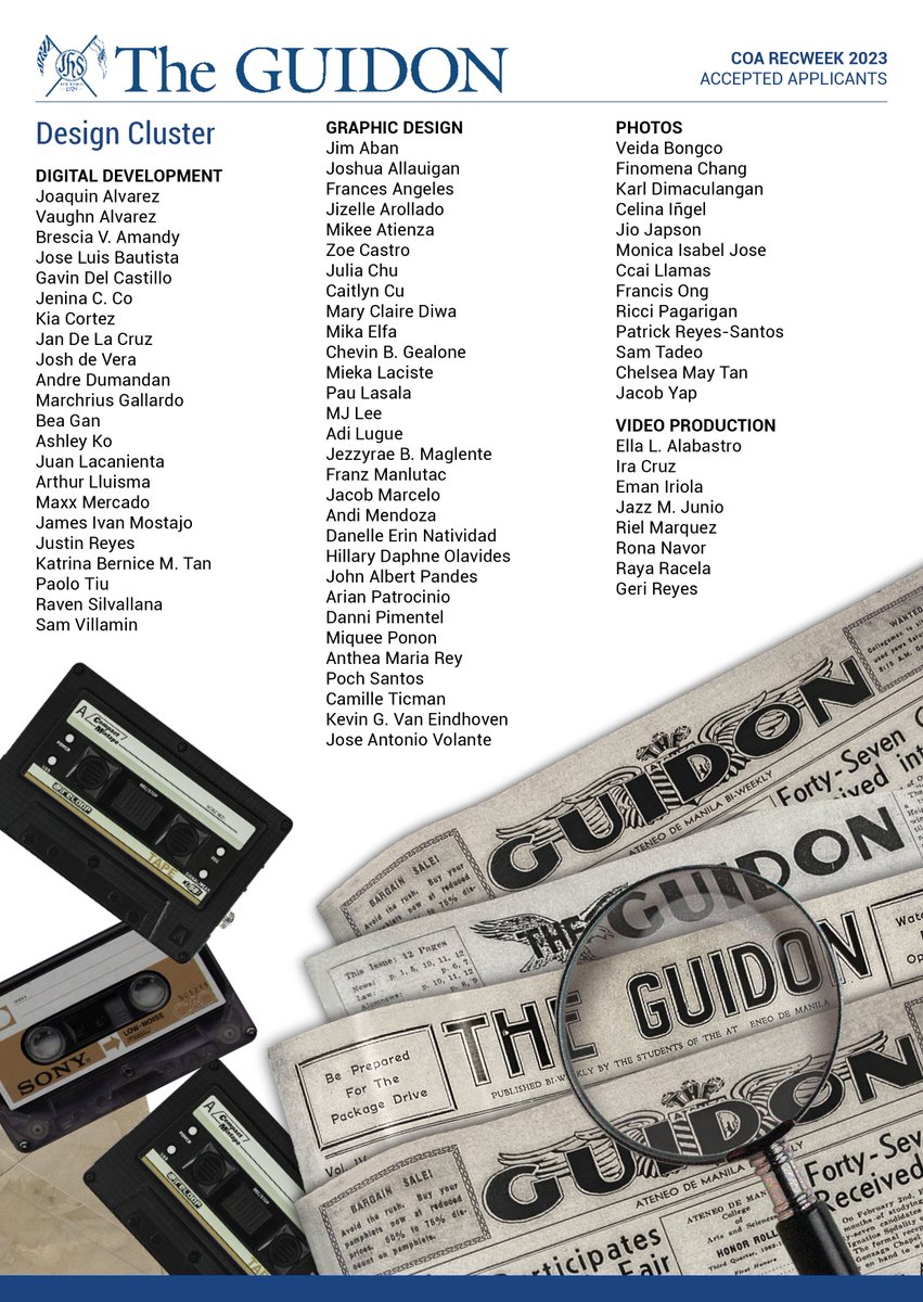TheGUIDON's tweet photo. The GUIDON proudly announces its accepted applicants for COA RecWeek 2023.

We congratulate and welcome you all to a year of standing with the Truth. Additional details on upcoming events and procedures have been sent to your emails. https://t.co/2z3Bre2N8Y