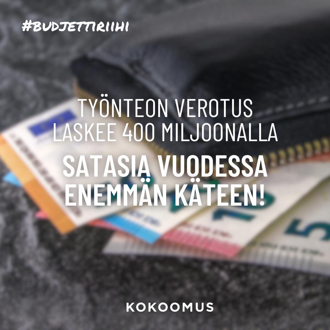 Hallitus laskee työn verotusta noin 400 miljoonalla ensi vuodeksi. Tämä kasvattaa ahkerien suomalaisten palkansaajien ostovoimaa pieni- ja keskituloisilla n. 200 – 400 euroa vuositasolla! #budjettiriihi #kokoomus