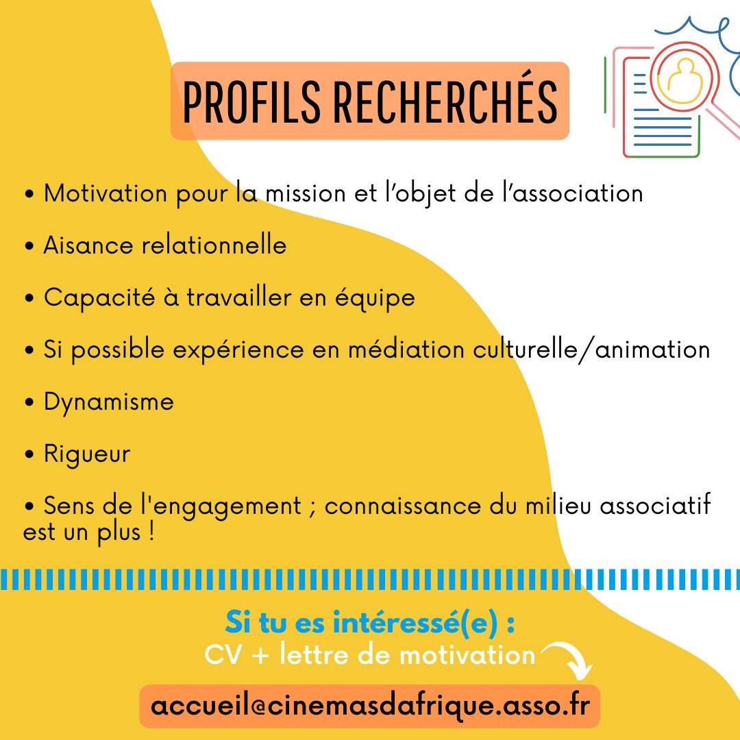 🔎L'association Cinémas et Cultures d'Afrique recherche deux volontaires en service civique à compter de mi-octobre et début novembre 2023 pour des missions de veille et de médiation culturelle Merci de faire passer l'information autour de vous! 😃📷👍
