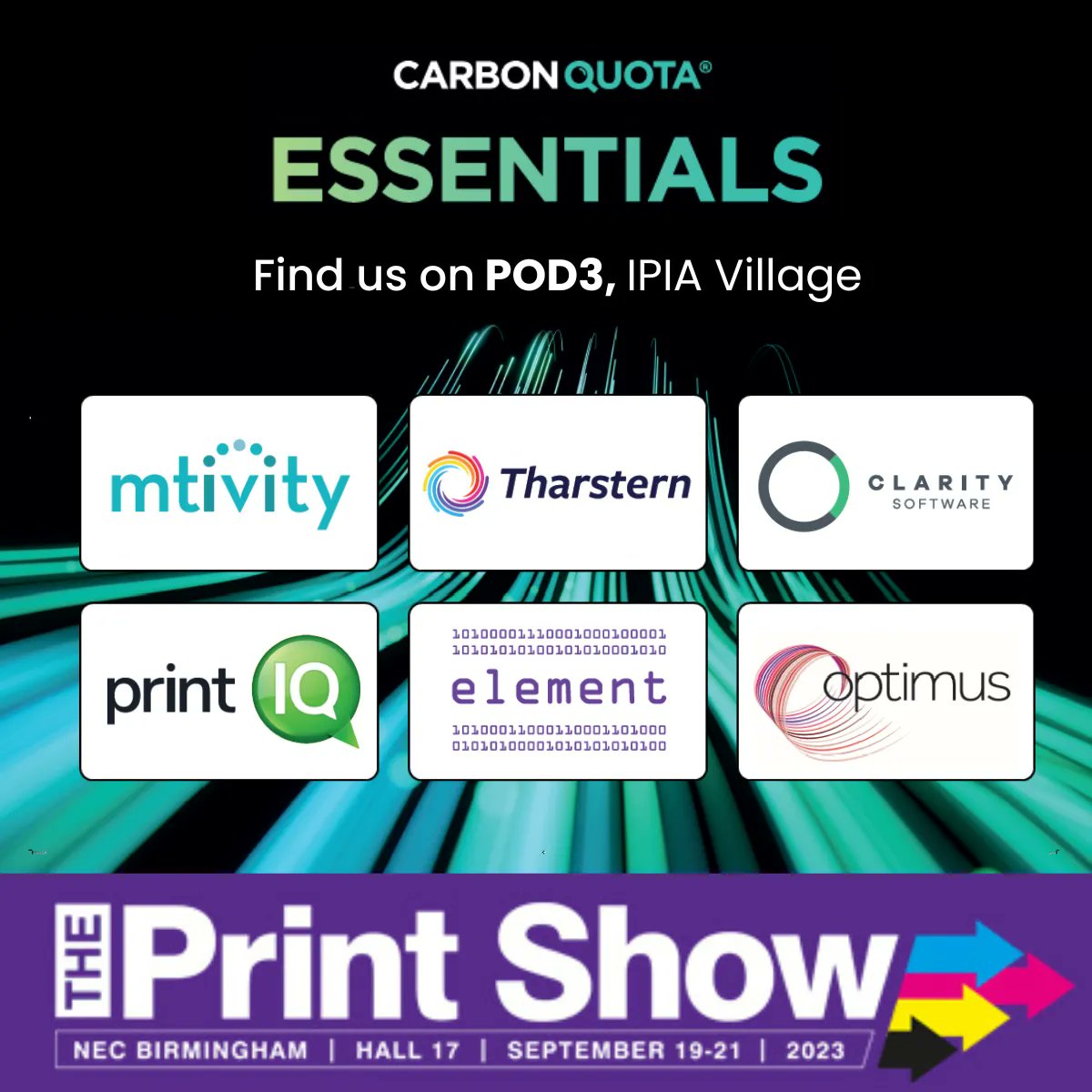 There is still time for you to pop in and see us at Pod3, over in the IPIA Village.

If you're using a software application provided by one of our channel partners, then our plug-and-play solution couldn't be easier. 

@PrintIQ #ThePrintShow  #print #carbonreduction #TPS2023