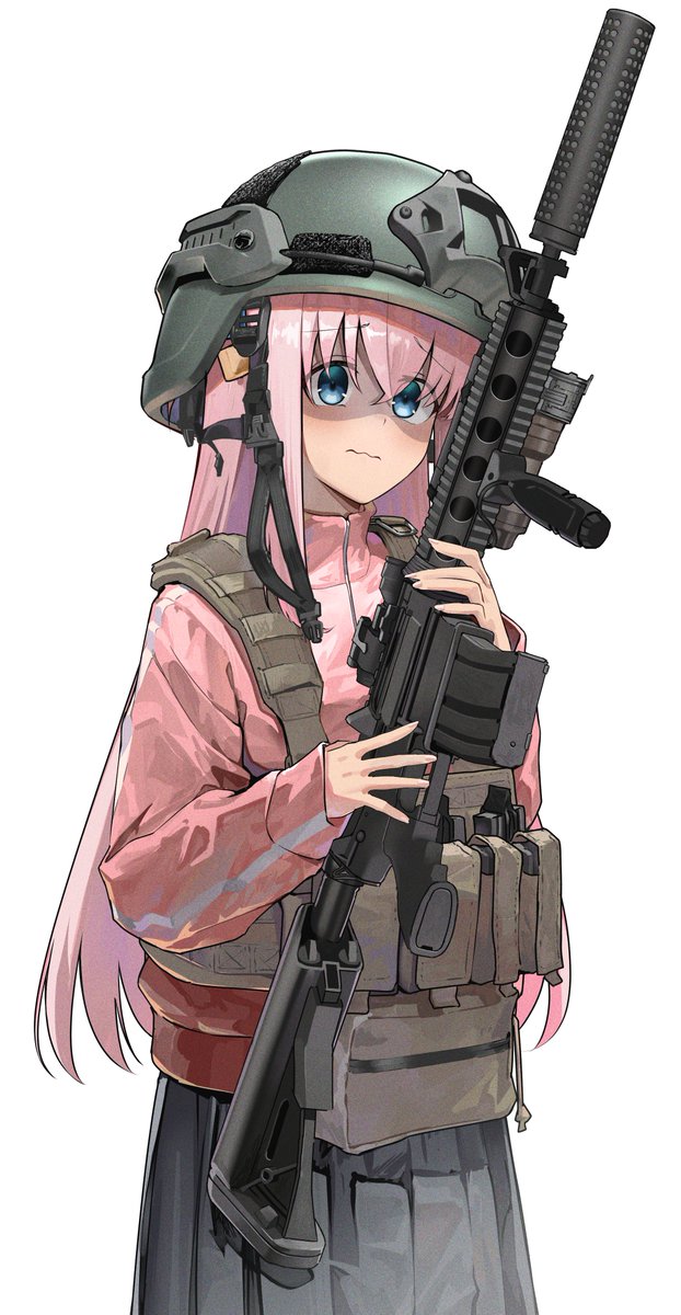 gotou hitori 1girl weapon solo pink hair gun helmet long hair  illustration images