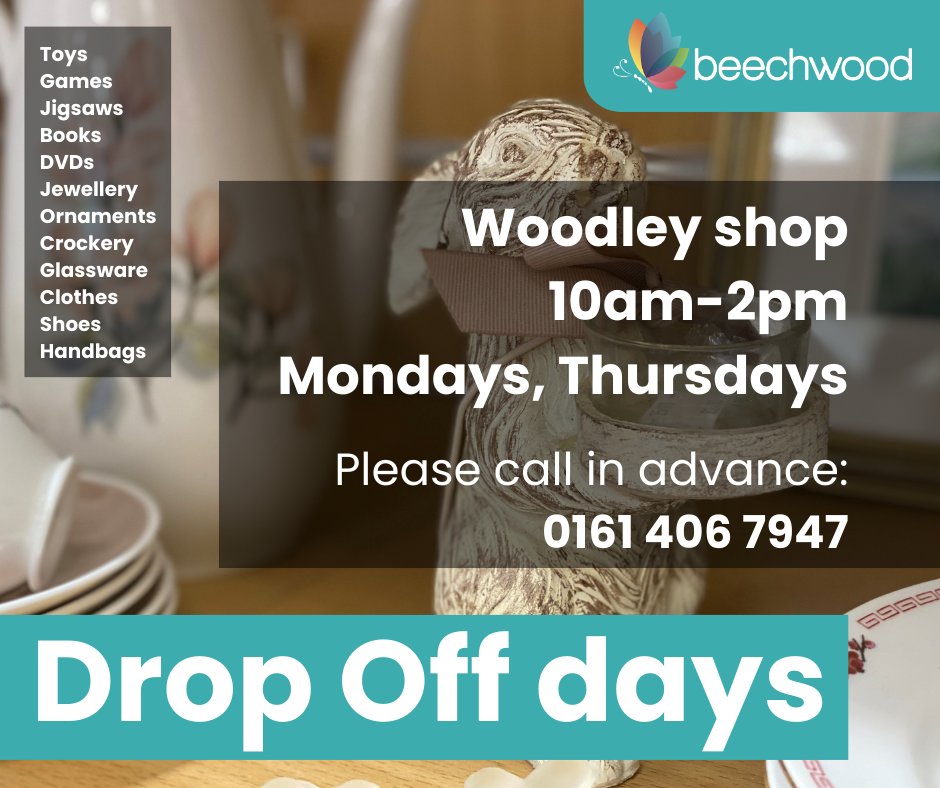 We are very grateful for all your donations of items at our shops in Heald Green and Woodley. 
It gets very busy in our sorting rooms. So we can properly manage the sorting rooms, we ask that you only donate your items on our Drop Off Days, and if possible phone. Thank you!