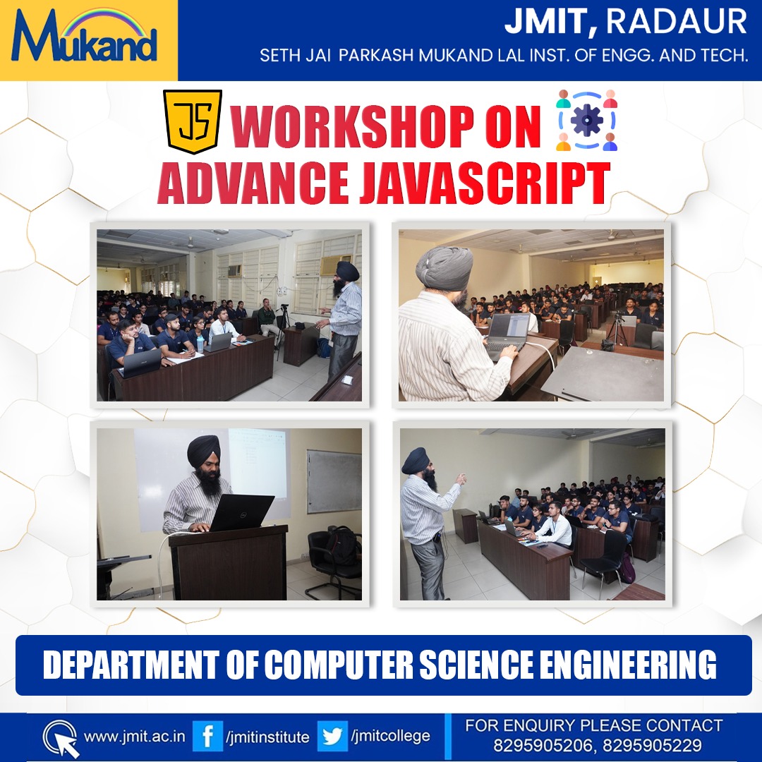 JmitCollege's tweet photo. The Department of Computer Science Engineering at JMIT hosted an enlightening workshop on Advanced JavaScript.

.

.

.

#jmit #jmitradaur #javascript #workshoponadvancejavascript #advancejavascript #departmentofcomputerscienceengineering #computerscience https://t.co/Z3KS4xnEBf
