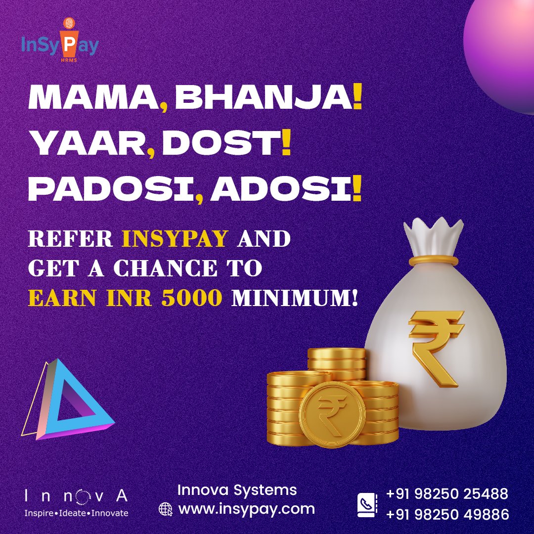 innovaindia's tweet image. Refer and Earn!
Refer us! To your connections (friend and family) and earn Rewards!

#payrollprocess #hrms #financialyear2023 #performancemanagementsystem #payrollindia #attendancesoftware #hrattendance #hr #hris #attendancemobileapp #hrsoftwares #statutorymanagement