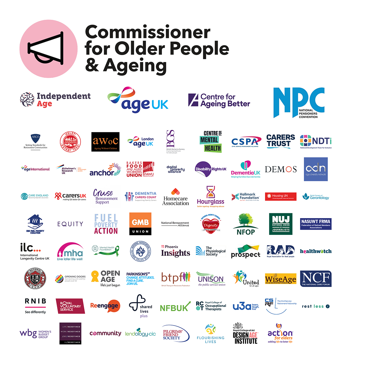 With more than 70 organisations, we are calling on all political parties to include a manifesto commitment ahead of the next general election to establish a Commissioner for Older People and Ageing for England.

Show your support for a #VoiceForLaterLife:
independentage.org/campaigning/co…