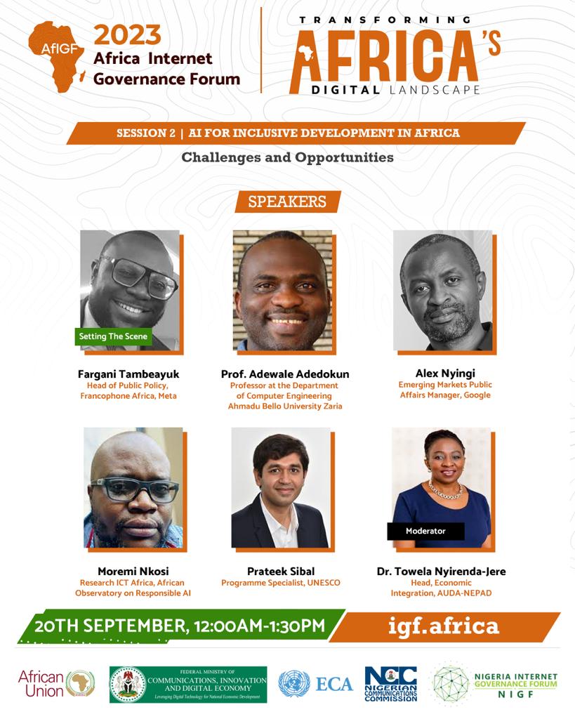 Today at Africa IGF, the High-Level Panel on AI for Inclusive Development in Africa will illuminate the path forward, exploring challenges and opportunities in Africa's digital journey. 🚀💡 Join us in shaping an inclusive AI-powered future for Africa. #AfIGF2023 #AI4Africa