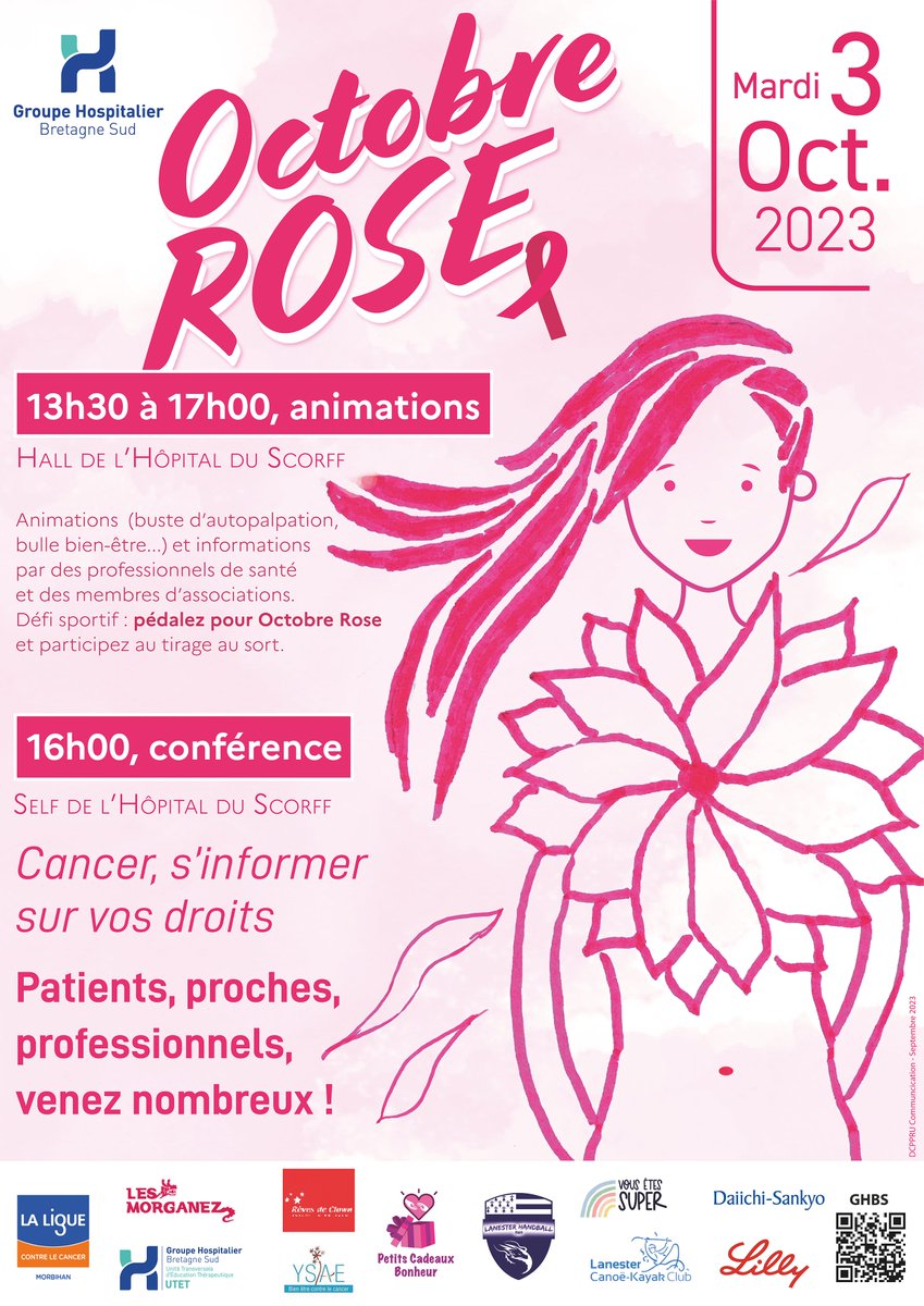 LCancer56's tweet photo. 🌸 Rejoignez-nous le 3 oct. pour #OctobreRose ! Hall de l'Hôpital du Scorff, animations, infos, et un défi sportif. À 16h, conférence sur le cancer et vos droits. Ensemble, luttons contre le cancer du sein. 💪🎗️ #SensibilisationCancerSein #cd56 #Liguecontrelecancer https://t.co/4EgOmqQj6s