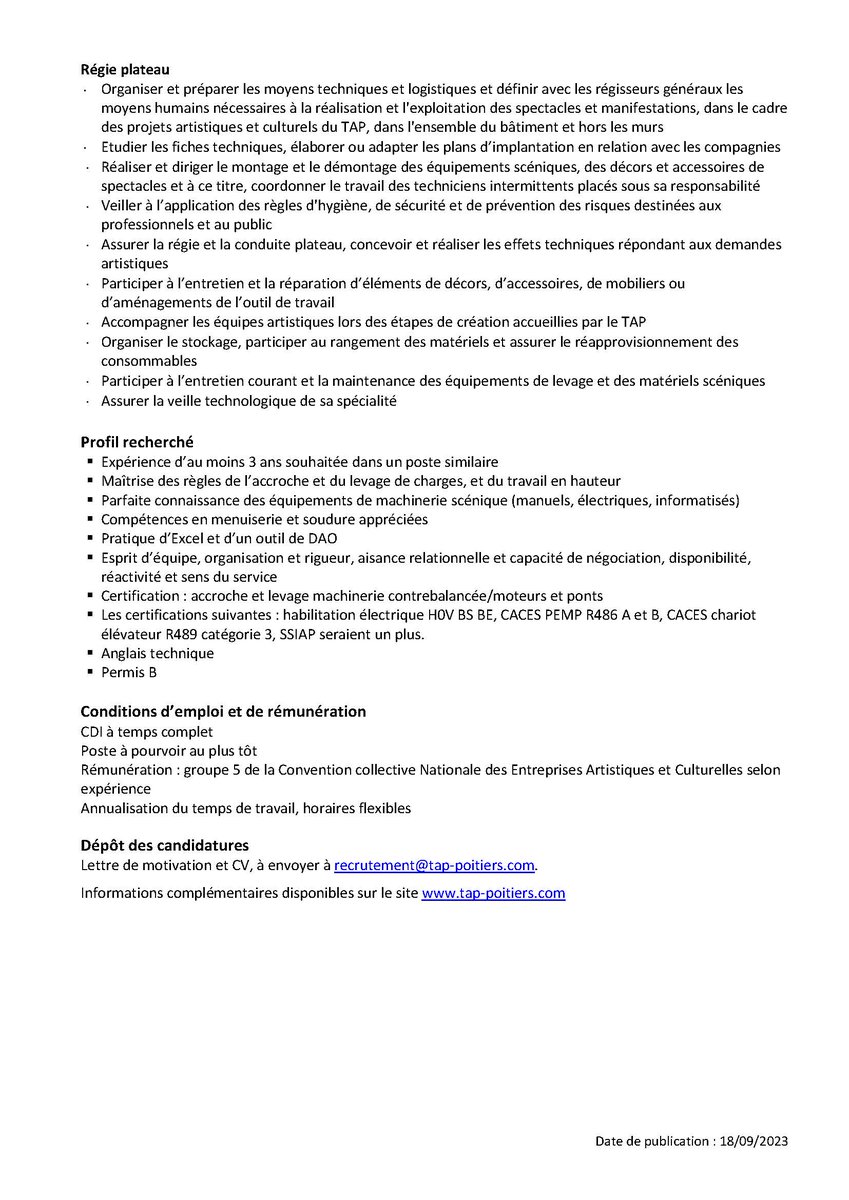 [LE TAP RECRUTE] 

💼 2 postes sont à pourvoir au plus tôt au TAP :

· Un·e assistant·e en administration du spectacle en contrat d’apprentissage d'1 an
· Un.e régisseur.se principal.e plateau en Cdi

👉 Plus d'informations : lnkd.in/e9TVGgrH