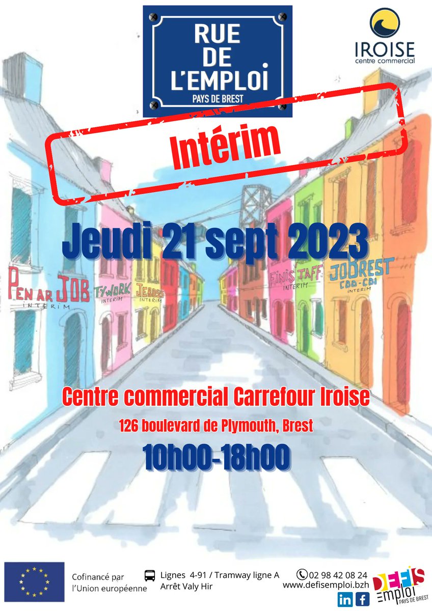 Rue de l'#Emploi spécial #Interim demain jeudi 21/09 de 10h à 18h au Centre Commercial Carrefour Iroise à Brest. De nombreux postes en #CDD et #CDI  et les offres des chantiers @BrestFr du #tramway et des quartiers #Recouvrance #Quéliverzan ou #Kerbernier  #avecousansCV #job