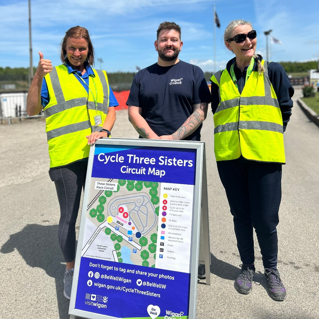 WiganCouncil's tweet photo. Today's the day for Cycle Three Sisters - our FREE family cycling event at @3SistersRace!

🕜 1.30pm-2.45pm: Balance bikes, bikes with stabilisers &amp; adapted cycles. 

🕒 3pm-8pm: Ride on the track, balance bike track, cycle skills, adapted cycles, climbing wall, food &amp; stalls. https://t.co/hVHalsgy8N
