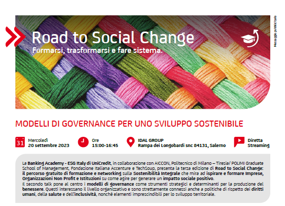 Continua la #RoadtoSocialChange per diventare un Social Change Manager! 

Partecipa al secondo talk “Modelli di governance per uno sviluppo sostenibile”, oggi alle 15.00. 
Registrati su roadtosocialchange.apply-idea360.com