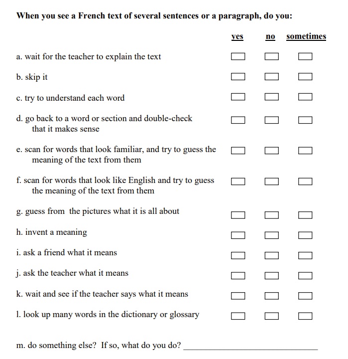 A useful questionnaire you can administer to your students to (1) gain an insight as to how they go about reading and (2) to enhance their metacognition vis-a-vis reading.

Especially useful with your year 10 students.