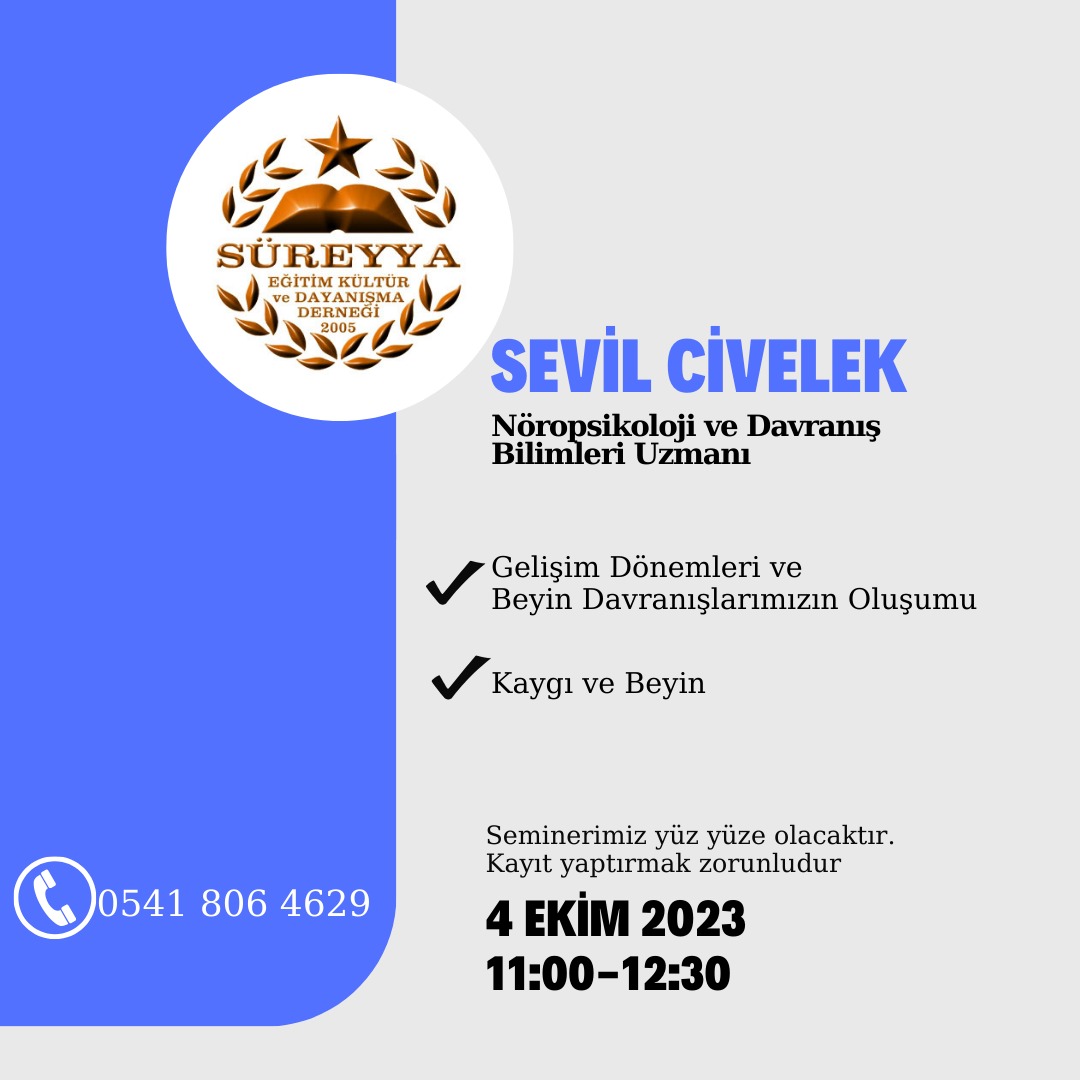 Sevgili Hanımefendiler 🌷;
Sevil Civelek Hocamızla seminerlerimiz başlıyor.Gelişim Dönemleri ve Davranışlarımızın Oluşumu ,Kaygı ve Beyin adlı seminerlerimiz her çarşamba Dernek binamızda 11.00-12.30 saatleri arasında yüz yüze gerçekleşecektir. Kayıt yaptırmayı unutmayınız!!!