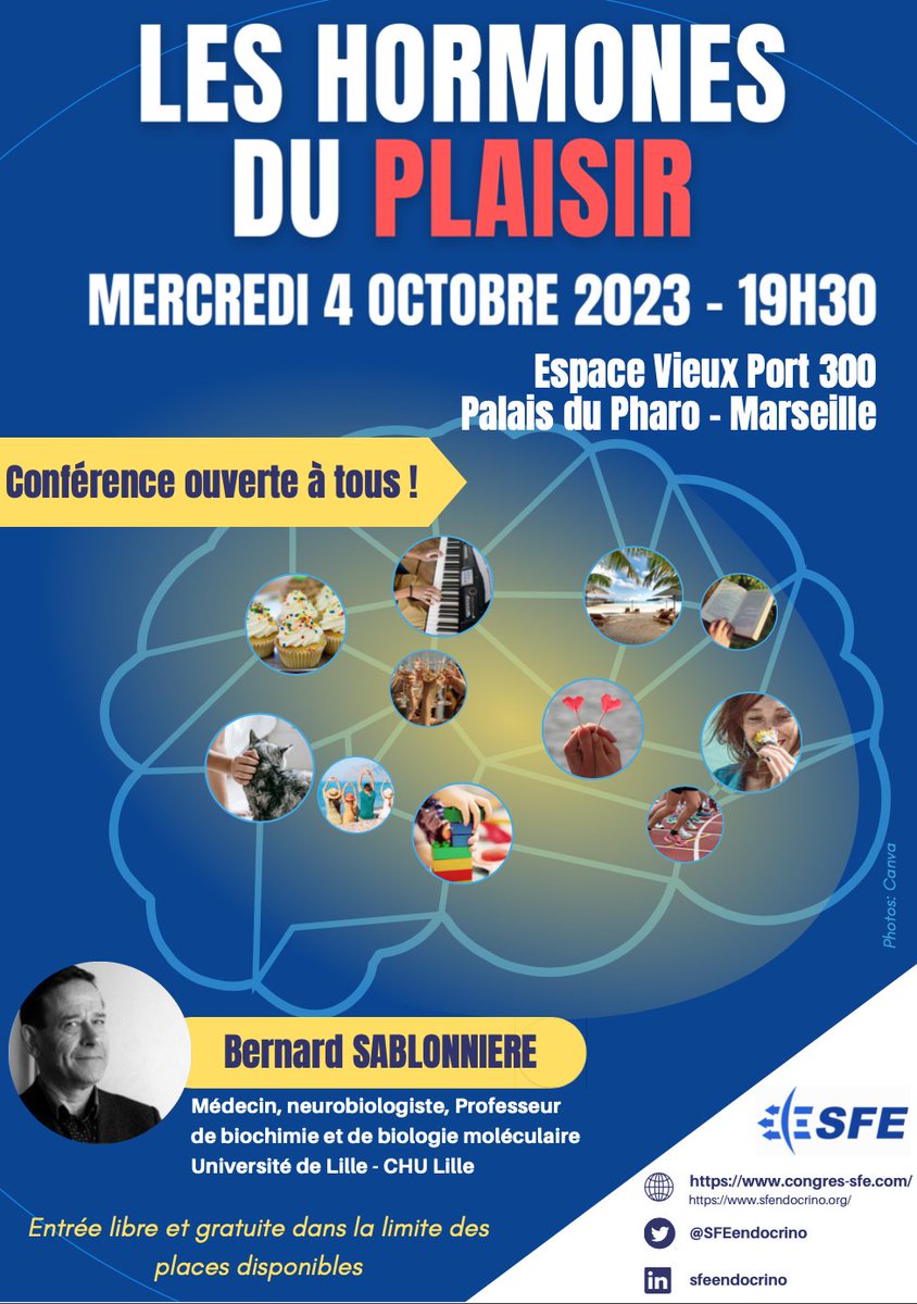 NeuroMarseille - NeuroSchool (@neuroschool_mrs) on Twitter photo Conférence Grand Public, Les Hormones du plaisir ouverte à tous et proposée par la <a href="/SFEndocrino/">SFEndocrinologie.org</a>.
par Pr. Bernard SABLONNIERE
📅 Mercredi 4 octobre 2023 - 19h30
📍 Espace Vieux Port 300 - Palais du Pharo, Marseille
Pour en savoir plus: sfendocrino.org/conference-gra… Conférence Grand Public, Les Hormones du plaisir ouverte à tous et proposée par la <a href="/SFEndocrino/">SFEndocrinologie.org</a>.
par Pr. Bernard SABLONNIERE
📅 Mercredi 4 octobre 2023 - 19h30
📍 Espace Vieux Port 300 - Palais du Pharo, Marseille
Pour en savoir plus: sfendocrino.org/conference-gra…