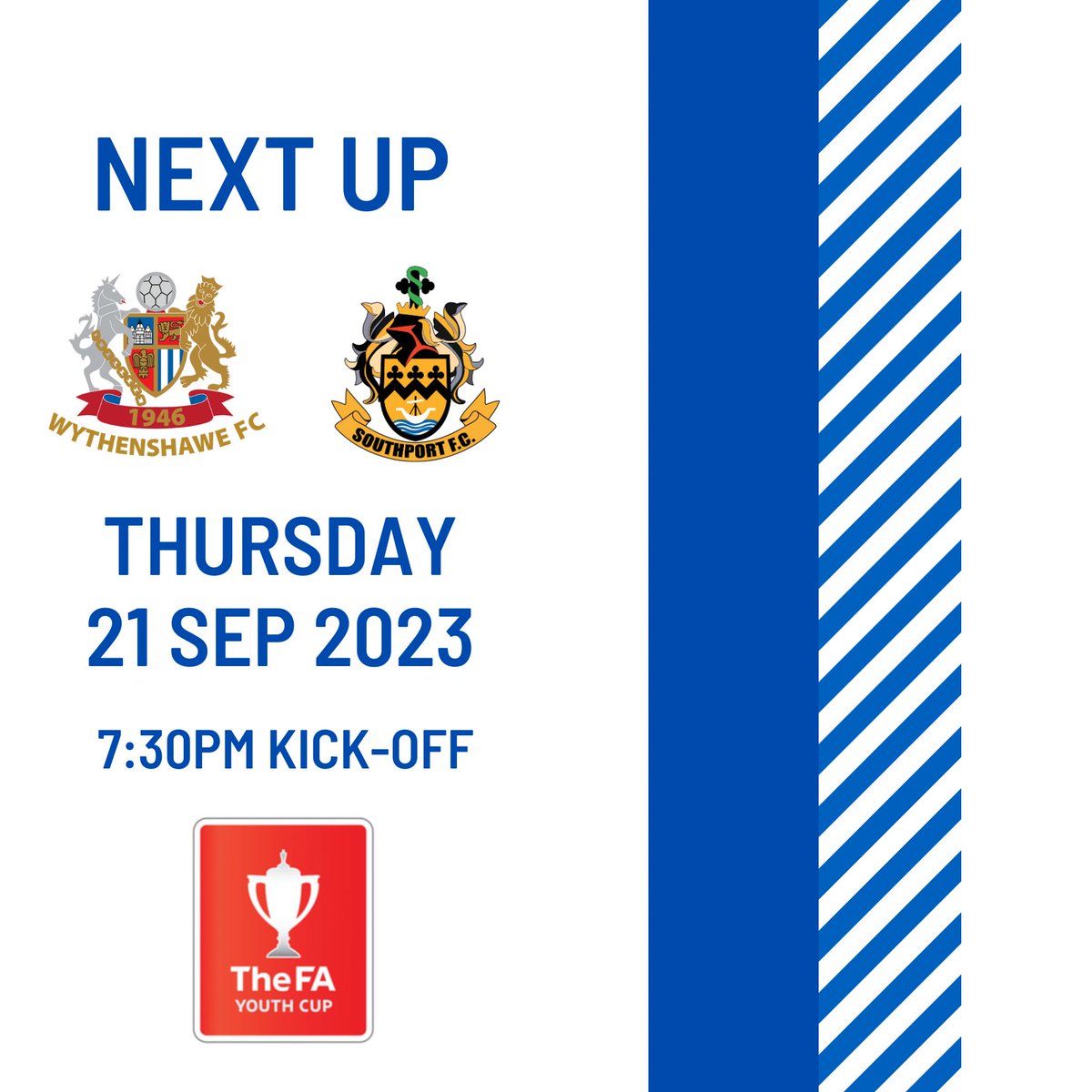 NEXT UP! Our Under 18s welcome @southport_fc Under 18s to The Hollyhedge Park Community Stadium tomorrow afternoon in #FA Youth Cup action 🏆 🎟️ Adults/Concessions £3, Under 16s £1 It’s a huge game, come and support the lads at home if you can ⚽️ #UpTheAmmies 🔵⚪️