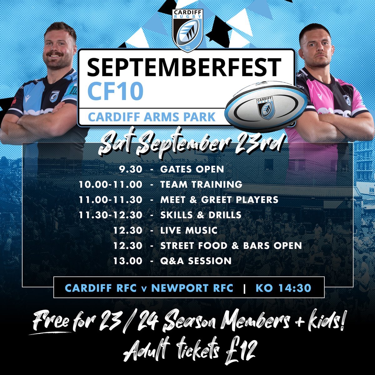Cardiff_Rugby's tweet photo. The weather is looking good for our Septemberfest event this Saturday 🙌

Tickets available to buy on the day, 2023/24 Members and kids 🆓

Check out the timings 👇 https://t.co/l4kkUJHqmp