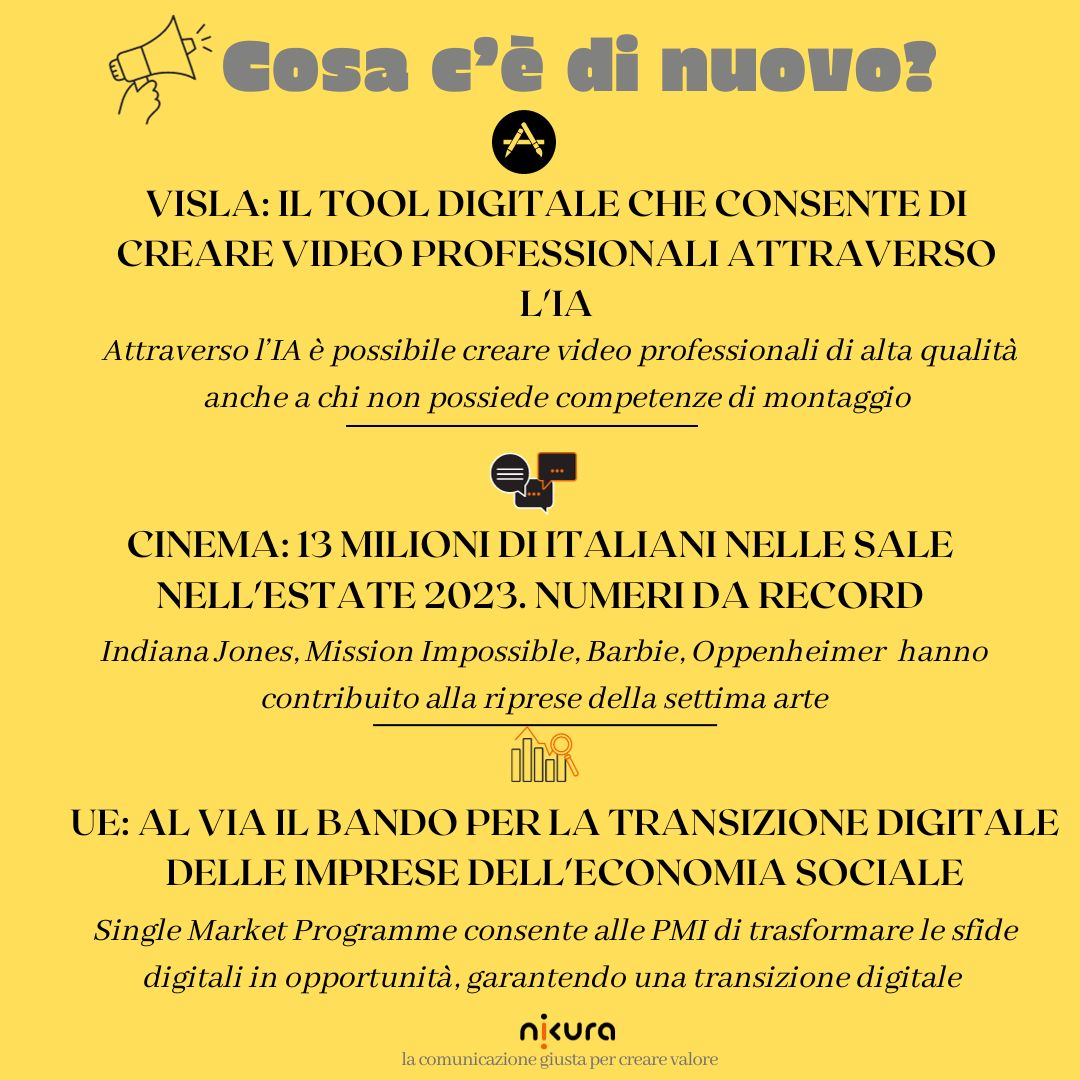 📷VislaStudio: l'app per creare video professionali di alta qualità
📷 Cinema: 13 milioni di italiani nelle sale per l’estate 2023
📷Single Market Program: il bando, valido fino al 21 novembre, per guidare le PMI nella transizione digitale
#nikura #news #intelligenzaartificiale