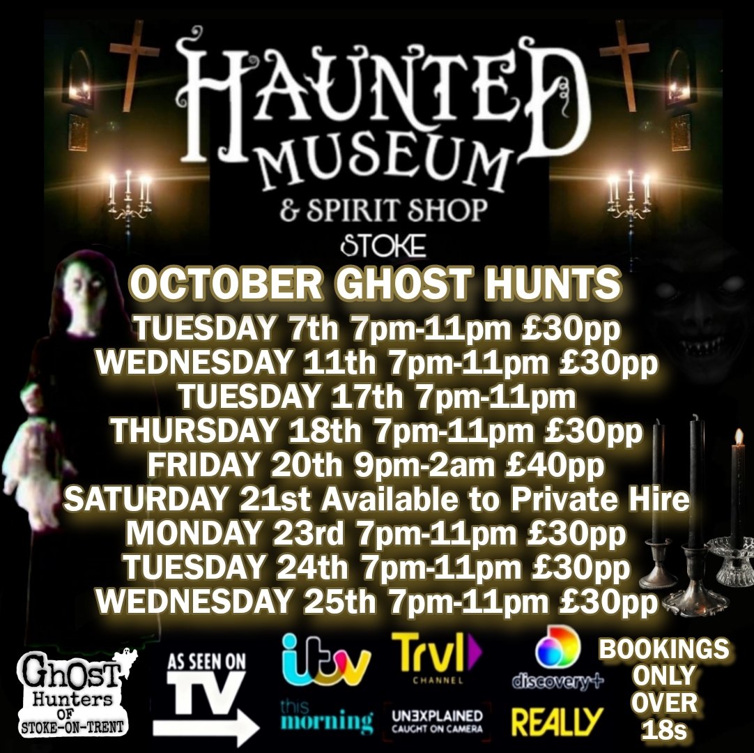 Ghost Hunt dates 
For all bookings &amp; enquiries please inbox the Facebook page. 
#stokeontrent #Museum  #Staffordshire #stoke #paranormal #ghosthunt #ghosthunting #wahtsonstoke #hauntedmuseumstoke #haunted #hauntedmuseum #whatson  #ghosthuntersofstokeontrent 
#Halloween #ghostober