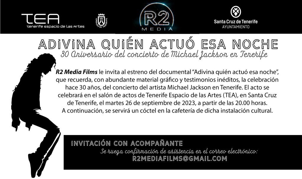 joorgerguezzz's tweet photo. Hace unos meses grabamos un documental sobre el Concierto de Michael Jackson en Tenerife de 1993. 

Se estrenará el 26 de Septiembre en el TEA, Tenerife a las 20:00h. Si quieres acudir manda un correo a: 
r2mediafilms@gmail.com https://t.co/xY94Q89eYi