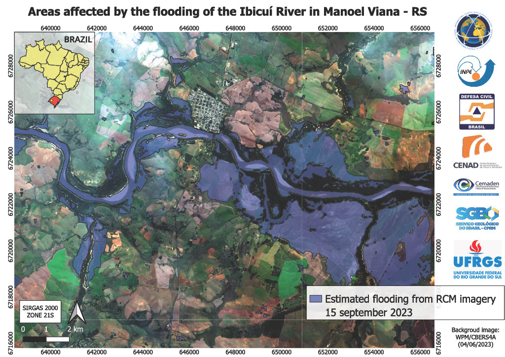 DisastersChart's tweet photo. Flooded areas are estimated along the Uruguai and Ibicui Rivers in Brazil in this map, which uses SAR data from the #RCMSatellites: https://t.co/00r4Jk22Rr https://t.co/AmjoQR3UOd