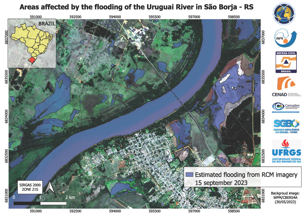 DisastersChart's tweet photo. Flooded areas are estimated along the Uruguai and Ibicui Rivers in Brazil in this map, which uses SAR data from the #RCMSatellites: https://t.co/00r4Jk22Rr https://t.co/AmjoQR3UOd