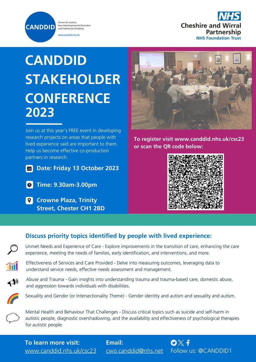 🌟 Exciting news! Registration for the CANDDID Stakeholder Conference 2023 is now OPEN! 🌟

Join us at this year's FREE event and help us develop research projects identified as a priority by people with lived experience.

Register here: canddid.nhs.uk/CSC23