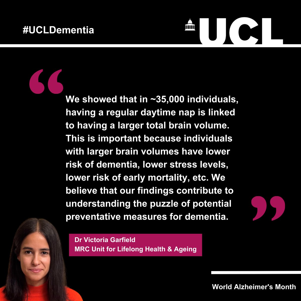 Dr Victoria Garfield (@vgarfield87) investigates healthy ageing and how activities like napping may preserve brain health and help prevent dementia. Read more ➡️ bit.ly/47RXyCN #UCLDementia #WorldAlzheimersMonth