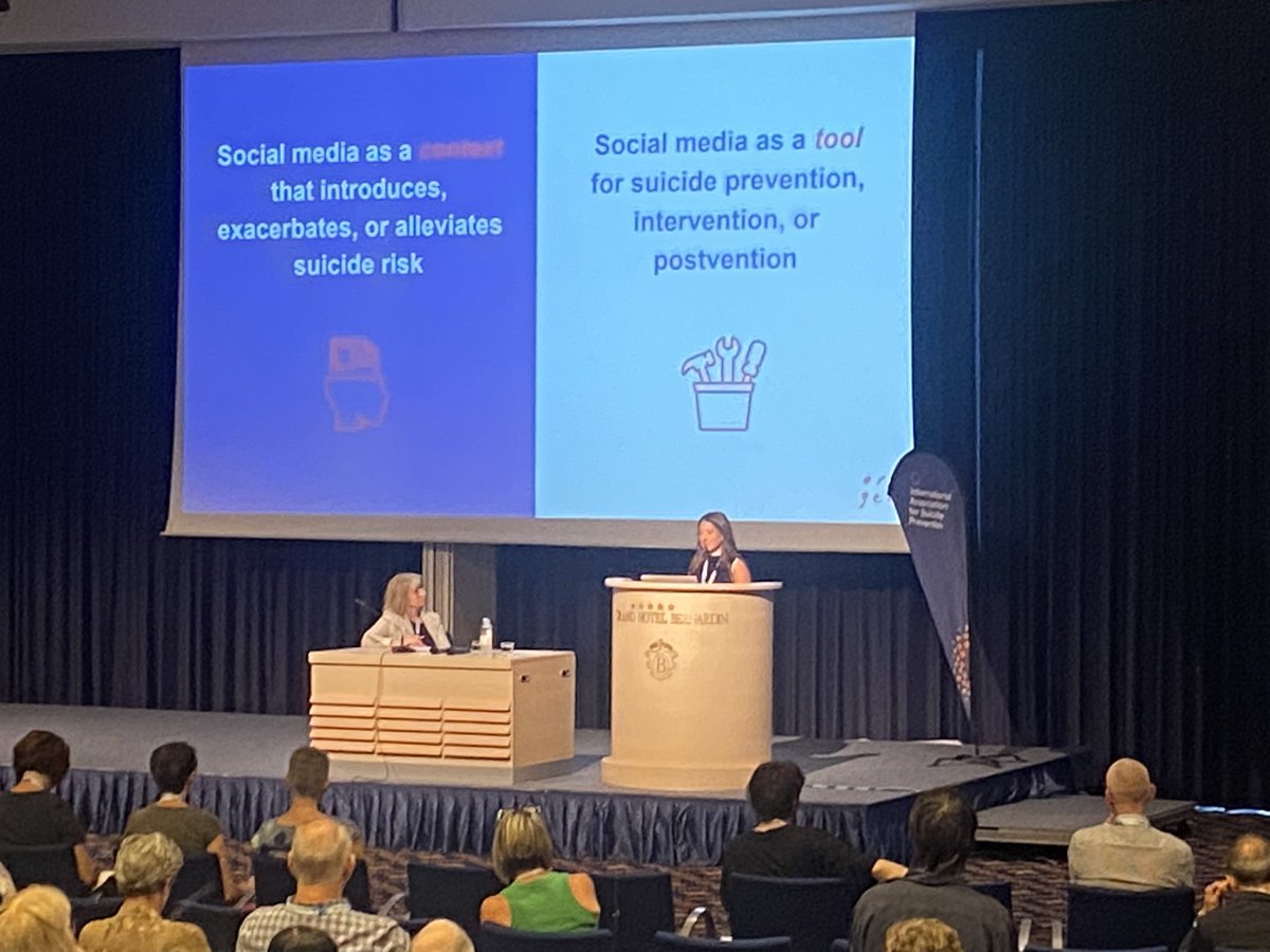 Brilliant plenary from @louiselasala on the role of social media as a tool for suicide prevention in young people & the utility of @chatsafe_au 🤩 #IASPPIRAN2023