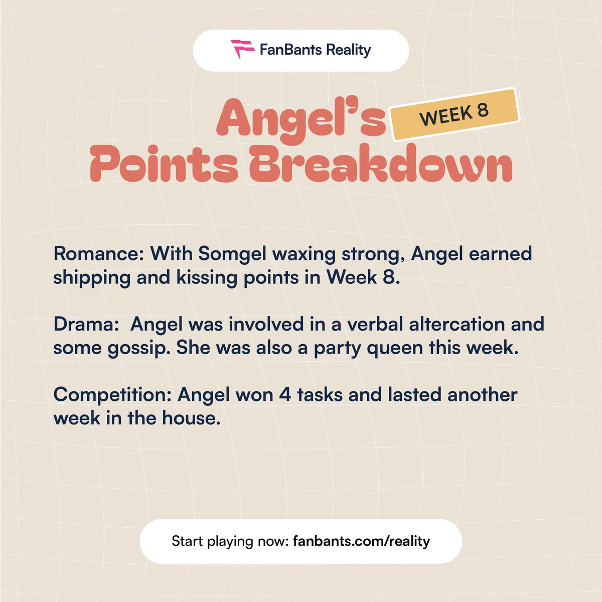 FanBantsReality's tweet photo. Week 8 #BBNaijaAllStars
Meet our #FanBantsReality Star of the week, Angel. 🎉
Angel had the highest points and ranked number 1 on the housemates leaderboard for Week 8.
#BBNaija https://t.co/qPhHwfP5mP