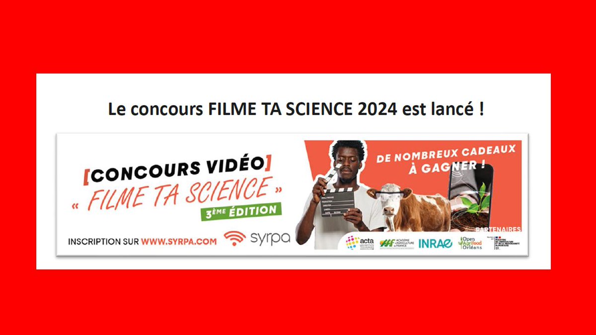 AcademieAgri's tweet photo. Le Concours "Filme ta #science 2024" @SYRPAcom @ACTA_asso @AcademieAgri @OAgrifood @INRAE_France @Agri_Gouv est lancé ! Trois Grands #Prix seront décernés (#agriculteurs, #professionnels agro, #étudiants) lors du @Salondelagri 2024 👉 : https://t.co/6tC3G8MT9k https://t.co/taH0uTFMvT