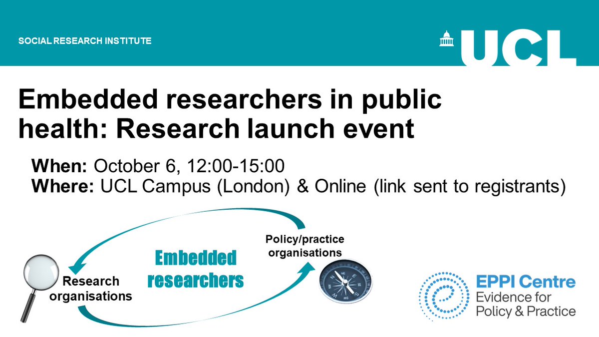 UCL Embedded Researcher Project (@embedresearch) on Twitter photo Join us for a hybrid seminar launching our #research findings on #EmbeddedResearchers in #PublicHealth 📢. Learn, network, and share your expertise!
6 October, 12:00-15:00, UCL Campus (London) and online
Sign up below ⤵️
forms.office.com/e/MiQqZMqjN2
<a href="/EPPICentre/">EPPI Centre</a> <a href="/SSRU_UCL/">Social Science Research Unit (SSRU)</a> <a href="/UCLSocRes/">UCL Social Research Institute (SRI)</a> Join us for a hybrid seminar launching our #research findings on #EmbeddedResearchers in #PublicHealth 📢. Learn, network, and share your expertise!
6 October, 12:00-15:00, UCL Campus (London) and online
Sign up below ⤵️
forms.office.com/e/MiQqZMqjN2
<a href="/EPPICentre/">EPPI Centre</a> <a href="/SSRU_UCL/">Social Science Research Unit (SSRU)</a> <a href="/UCLSocRes/">UCL Social Research Institute (SRI)</a>