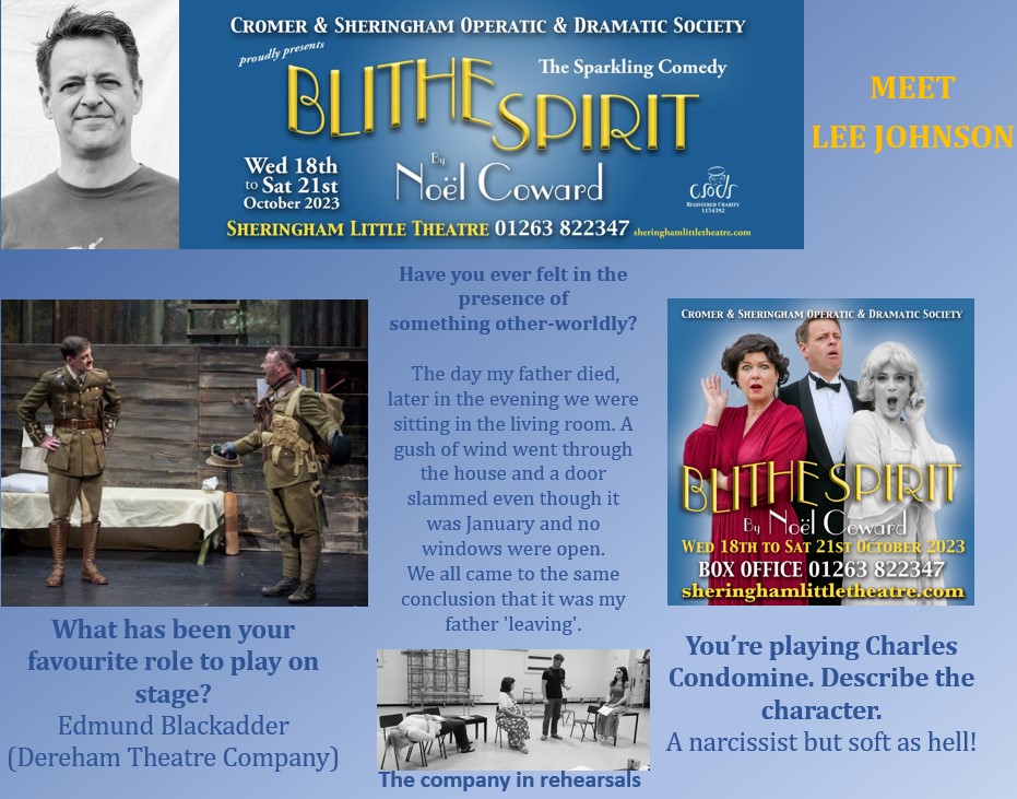 In October, the sparkling Noel Coward comedy Blithe Spirit hits <a href="/SheringhamLT/">Sheringham Little Theatre</a> 
In the lead role of Charles Condomine is Lee Johnson whose performance as Jefferson Steel in A Bunch of Amateurs won rave reviews.
Book today!
…eringhamlittletheatre.ticketsolve.com/.../events